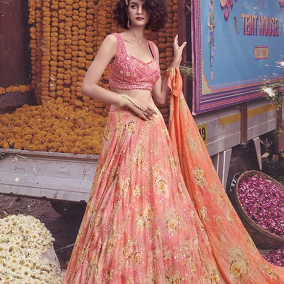 Let’s Fashion Talks Pink Chinon Thread With Hand Work Lehenga Choli - Picture 2 of 2
